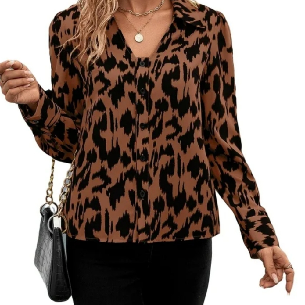 Brown Buttoned Long Sleeve Blouse with Notched Collar